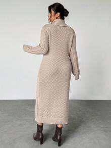 Firerie 女士纯色休闲圆领毛衣裙中长款毛衣裙毛衣裙女士高领连衣裙粗针织连衣裙针织裙秋冬 - 杏色 - 查看 2