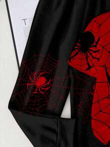 SHEIN 2pcs/Set Young Boy Casual Classic Spider Graffiti Cartoon Sporty Cool Street Style Round Neck Short Sleeve T-Shirt And Pants Set