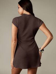 MISSGUIDED Crew Neck Mini Knit Dress Ribbed Texture Short Sleeve Casual Bodycon Fall Winter Sweater Dress - Chocolate Brown - View 2