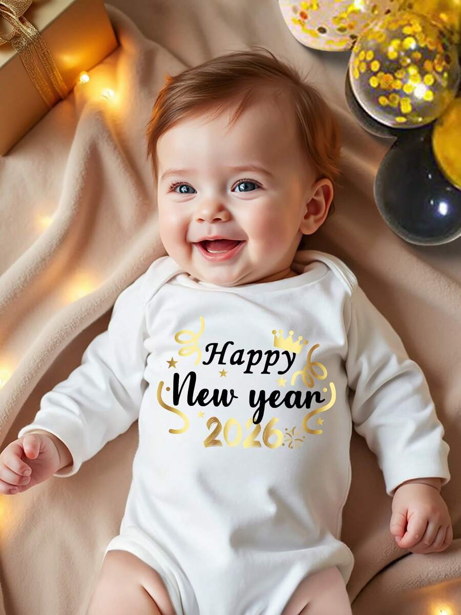 Souflis Souflis Baby Boy Crown & "Happy New Year" Letter Print Crew Neck Long Sleeve Bodysuit, Cute & Stylish, Suitable For New Year, Spring Season, 2026 New Year Gift - White - View 1