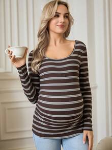 SHEIN Randig, figurnära, långärmad t-shirt för gravida, höst - Brun - Visa 4
