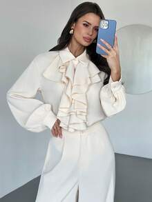 Firerie 女士优雅浪漫精致通勤办公休闲时尚新款翻领荷叶边长袖衬衫上衣搭配高腰阔腿裤两件套，秋冬款 - 杏色 - 查看 3