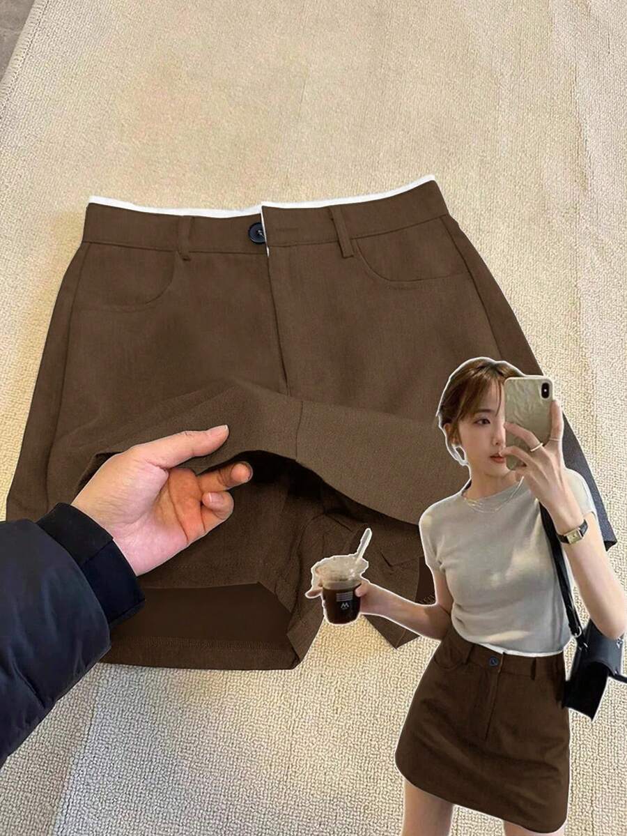 GlowEve CURVE 大码女式休闲口袋二合一短裙 - 咖啡棕 - 查看 1
