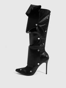 CUCCOO SZL Women's Fashion High Heel Thigh High Boots, Pointed Toe Slim Heel Ruched Tall Boots For Christmas - Black - View 8