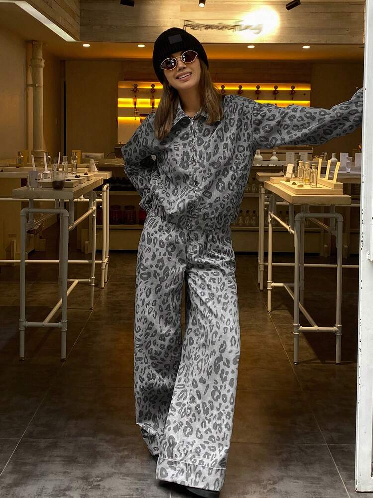 Women's Casual Leopard Print Collar Denim Suit, Autumn/Winter