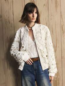 Arave Women's Hollow Floral Fabric Stand Collar Zipper Baseball Style Design Daily Casual Jacket Short Coat Fall Clothes For Women White  Women's Winter Jacket Zip-Up - Apricot - View 4