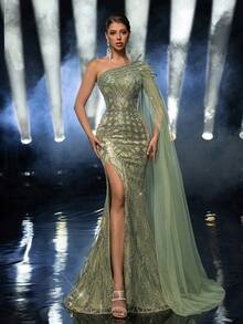 Glamrae Elegant Luxurious Beaded & Sequin Floral Asymmetric Shoulder Sexy Slit Mermaid Maxi Dress With Oversized Sleeves, Suitable For Weddings, Events, Parties, Vacations, Galas, Formal Occasions (Heavily Embellished) Gown - Grass Green - View 7