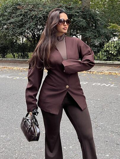 NegzBox 女士纯色简约V领长袖西装外套，日常穿着