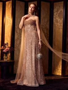 MOTF Soiréza Áo choàng siêu dài thanh lịch dành cho nữ & váy dạ hội dài chấm đất đính hạt lấp lánh không dây – cổ áo điểm xuyết ngọc trai, dây ribbon phía sau & dáng ôm vừa vặn cho tiệc cưới, tiệc dạ hội & sự kiện trang trọng & tiệc dạ hội cà vạt đen, sự kiện thảm đỏ, tiệc chiêu đãi đám cưới sang trọng và lễ trao giải, váy dạ hội cưới & tiệc trang trọng - Rượu sâm banh - Xem 5