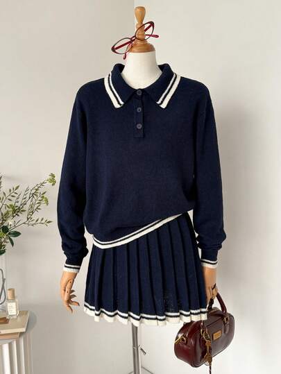 Muvela Women's Polo Neck Long Sleeve Wool Sweater, Retro College Style, Casual & Comfortable For Daily Wear, Back To School, Afternoon Tea, Autumn