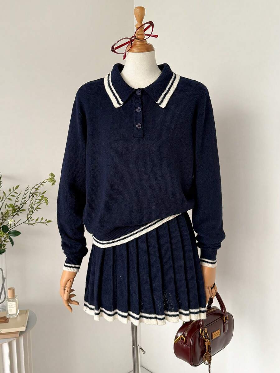 Muvela Women's Polo Neck Long Sleeve Wool Sweater, Retro College Style, Casual & Comfortable For Daily Wear, Back To School, Afternoon Tea, Autumn