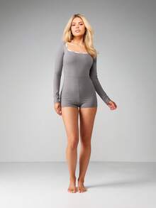 Missguided x Playboy Long Sleeve Square Neck Bodysuit Playsuit With Contrast Trim For Casual Loungewear - Grey - View 4