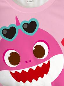 BABY SHARK X SHEIN Baby Girl Cute Cartoon Shark Print Round Neck Short Sleeve Top, Summer