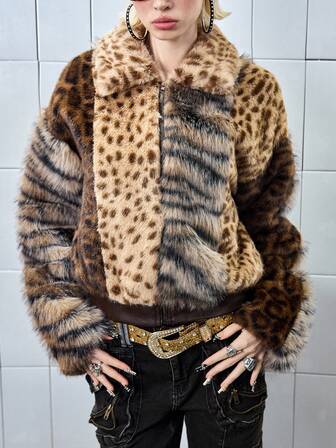ROMWE Avant Damen Retro Vintage Leoparden- & Tiger Muster Patchwork Kunstpelz PU Kontrast Farbsplice Jacke