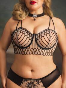 PinupPomp Sutiã de Lingerie com Arco, Renda e Mesh Plus Size - Preto - Visão 2