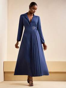 Zivah 2025 Autumn/Winter New Music Festival, Easter, St. Patrick's Day, Western, Nomadic, Birthday Party, Graduation, College Style, Student, Daily Wear, Basic Versatile, Casual, Vacation, Cruise Travel, Beach, Sunbathing, Viral , Streetwear, Wedding Guest Boho, Commute, Brunch, Airport, Party, Holiday Outing, Elegant Banquet, Shirt Collar Long Sleeve Office Dress, Adjustable Waist Belt, Pleated Long Navy Blue Shirt Dress - Navy Blue - View 1