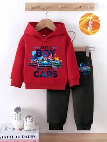 SHEIN 两件套男婴时尚趣味汽车字母印花连帽长袖抓绒卫衣和汽车印花抓绒裤套装，适合秋冬季外出穿着 - 彩色 - 查看 3