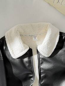 SHEIN 少女秋冬街头时尚PU复合材质保暖内衬撞色领加厚机车夹克，适合秋冬季日常穿着，Y2K风格 - 黑色 - 查看 4