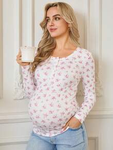 SHEIN 秋季孕妇休闲碎花长袖哺乳T恤 - 白色 - 查看 5