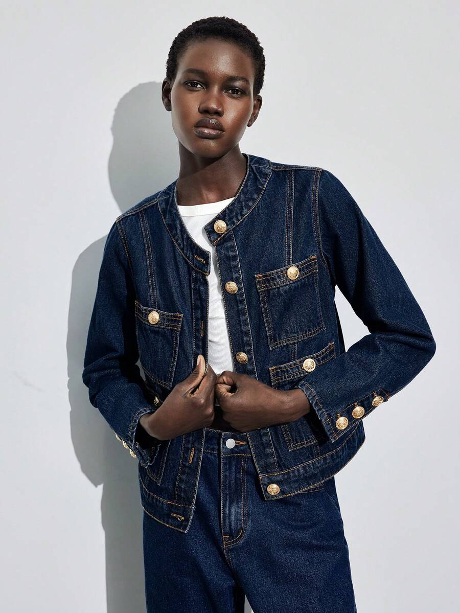 Maija 女士秋冬单排扣长袖多口袋休闲牛仔夹克，适合都市通勤和商务休闲场合 - 中等水洗藍 - 查看 1