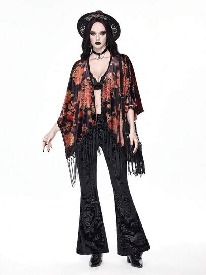 Goth Vintage Floral Print Velvet Asymmetrical Tassel Hem Women Cardigan Shawl