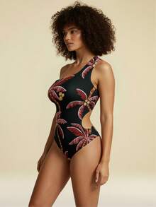 CAJUNI Women's Casual Vacation Tropical Coconut Tree Print Asymmetric Asymmetric Neck Hollow-Out One-Piece Swimsuit, Swimming, Beach,Beach Outfits For Women - Black - View 3