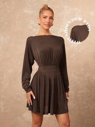 Lumalex VITNOS Women's Elegant Brown Boat Neck Ruched Waist & Cuff Long Sleeve Fitted Flare Mini Dress, Espresso Brown, Glamour Elegant Dress, Looks Of Party, Fall New Style Women, Luxury Dress For Party, Fashionable This Autumn Winter, Elegant Casual Outfit, Gala Night, Chic Autumn, Weekend Outfit, Glamour Dress, Autumn Winter Work Style, Delicate Romance, Enchanted Romance Gown, Party Dress For Autumn, Draped Dress, Business Casual, Prom Graduation Dress, Suitable For Parties, Dates, Going Out, Night Out, Weddings, Holiday, Vacation, Birthday