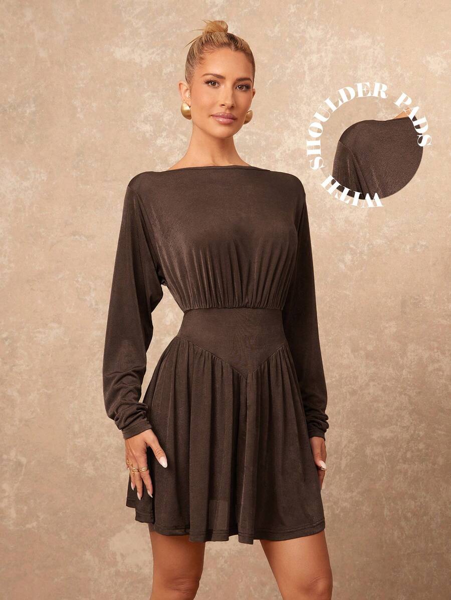 Lumalex VITNOS Women's Elegant Coffee Brown Autumn Boat Neck Ruched Waist & Cuff Long Sleeve Fitted Flare Mini Dress,Dining Party Gala Night Business Casual