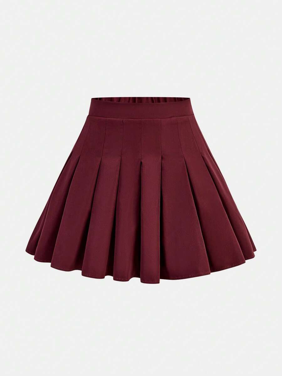 SHEIN Girlism Váy mini xếp ly màu đỏ trơn có khóa kéo cho bé gái tuổi teen, phù hợp cho mùa thu đông, mặc hàng ngày, mặc trong những dịp bình thường, trở lại trường - Đỏ - Xem 1