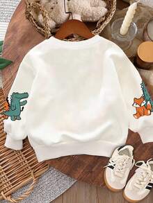 SHEIN Baby Boys' Casual Cartoon Animals Print Loose Knit Soft Thick Crew Neck Sweatshirt, Suitable For Autumn And Winter - White - View 2