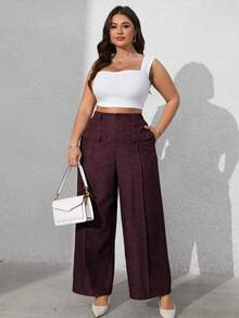 Vionelle 大码女式纯色前袋休闲西装裤高腰阔腿裤优雅女式阔腿裤红色女式阔腿裤 - 酒紅色 - 查看 3