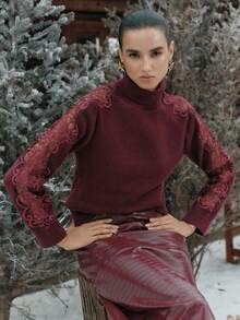 Anewsta Áo len nữ cổ cao ren khoét lỗ màu đỏ tía thanh lịch, mềm mại, thu/đông - Màu Đỏ Sâu - Xem 8