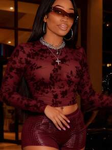 Slaydiva 2025 Autumn And Winter New Style Easter Festival Western Style Nomadic Style Birthday Party Graduation Season Student Wear Daily Outing Basic Versatile Leisure Cruise Travel Flocked Mesh Top PU Stretch Shorts Women's Two Pieces Set-B - Burgundy - View 2