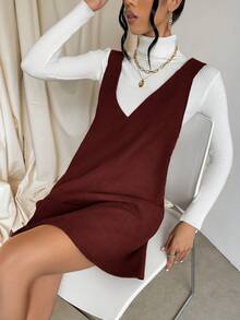 SHEIN Essnce 女士休闲格子吊带连衣裙，秋季百搭 - 酒紅色 - 查看 6