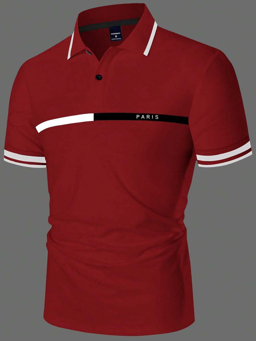 Manfinity Mode 男士字母印花条纹短袖休闲通勤 Polo 衫 男士 Polo 衫 男士高尔夫球衫 男士红色衬衫 男士红色图案上衣 红白男士衬衫 - 紅色 - 查看 1