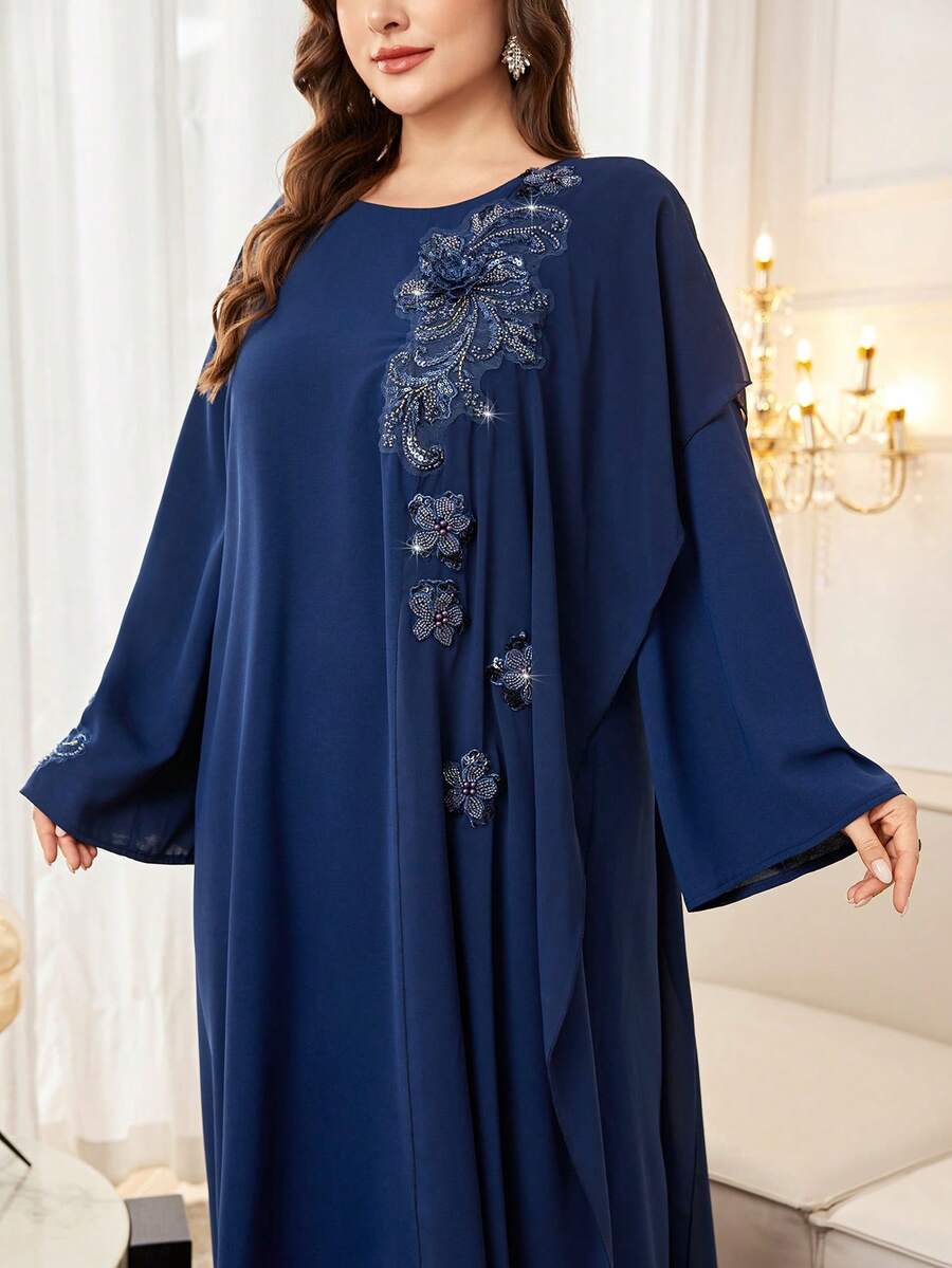 Al Najma New Elegant Sequin Embroidered Long Sleeve Slim Maxi Dress - Royal Blue - View 1