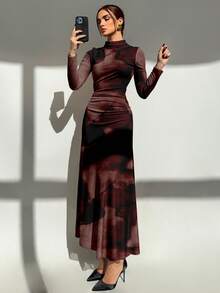 Aloruh 新款秋冬安哥拉红色扎染大理石纹印花长袖修身连衣裙，适合正式场合、约会、日常秋冬穿着、圣诞节等场合。 - 酒紅色 - 查看 4