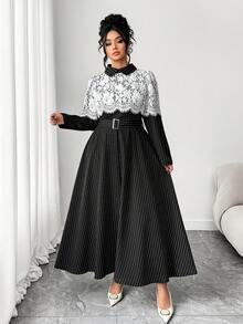 SHEIN Elenzya Plus Size Lace Patchwork Collared Striped Waist A-Line Dress, Autumn/Winter - Black - View 4
