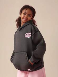 SUMWON Tokyo Japan Vintage Hoodie With Centre Pocket Hood Long Sleeve Pullover For Casual Streetwear - Dark Grey - View 2