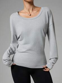 Dewbera Dewbera Women's Grey U-Neck Long Sleeve Fitted Casual Sports Yoga T-Shirt,Autumn Athleisure Pilates Upf Shirt,Daily Wear Work Tops Gym Blouse - Grey - View 1