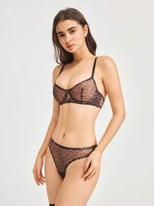 Bonmuse Conjunto de lencería sexy de unicolor, transparente y erótico para damas, romántico para salir de fiesta - Marrón - Ver 5