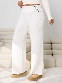 Solflare Plus Size Women's Loose Fit Wide Leg Sweater Pants/Winter - White - View 6