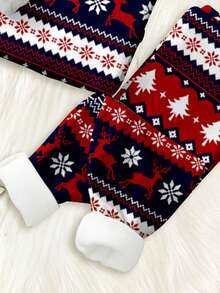 SHEIN Baby Boy Christmas Pajama Set,Cute Red And White Striped Reindeer Fair Isle Pattern Cozy Long Sleeve Top&Pants Snug Fit Lounge Pajamas For Autumn - Multicolor - View 6