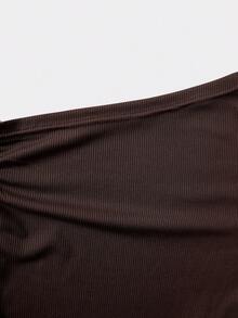 Sparklyn 2件套少女斜肩罗纹修身长袖上衣+直筒裤套装 - 咖啡棕 - 查看 5