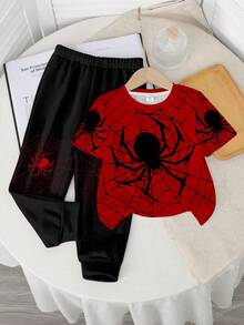 SHEIN 2pcs/Set Young Boy Casual Classic Spider Graffiti Cartoon Sporty Cool Street Style Round Neck Short Sleeve T-Shirt And Pants Set