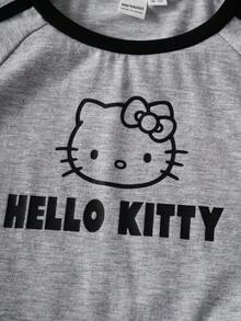 HELLO KITTY AND FRIENDS | SHEIN Tween Girl Cute Cat Print Crew Neck Long Sleeve Ruched Waist Knit Gray T-Shirt