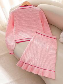 Tween Girl Handmade Bow Cropped Cardigan And Frill Trim Knit Mini Skirt Set - Hot Pink - View 2