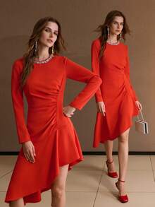 MOTF PREMIUM 女式不对称下摆水钻细节连衣裙，秋冬