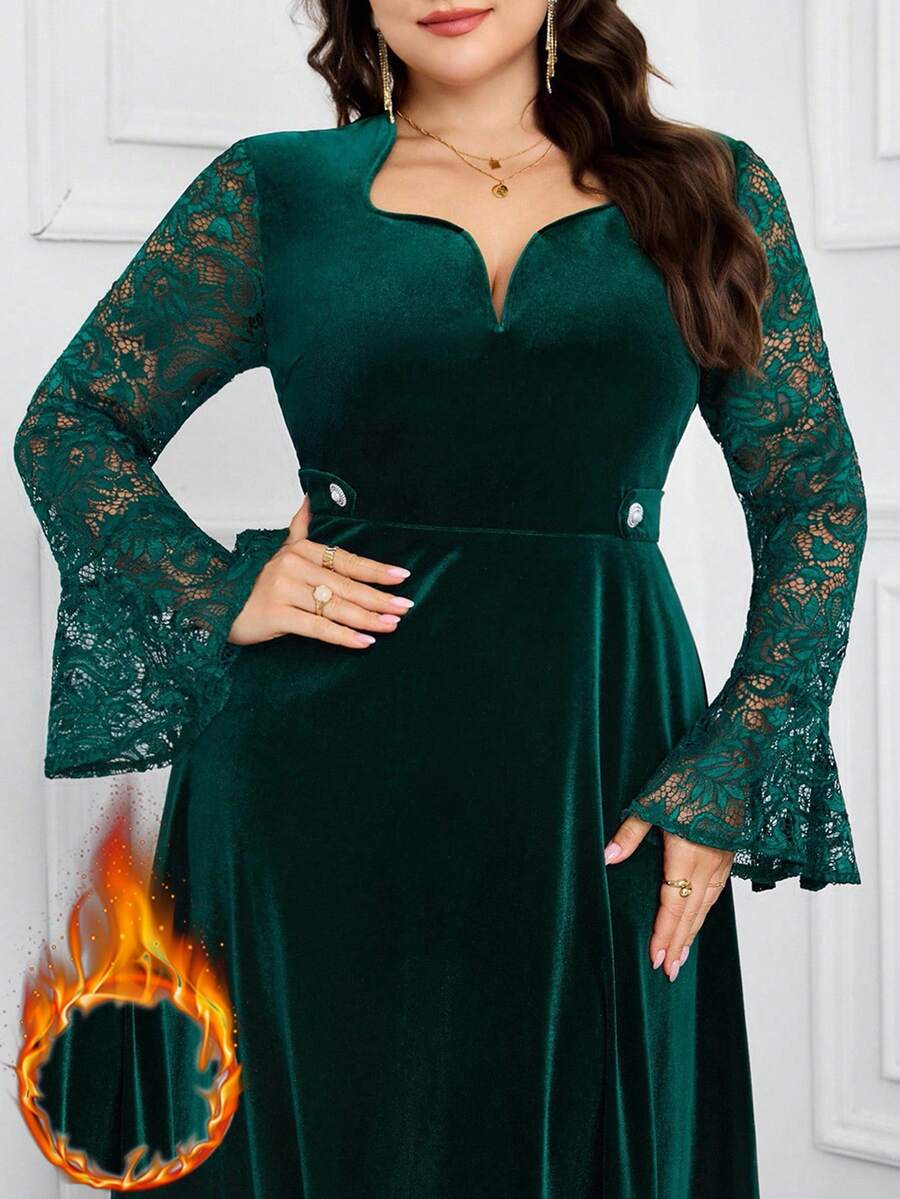 Modelyn Plus Size Women Sweetheart Neck Contrast Lace Flare Sleeve Elegant Dress