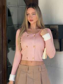 DAZY Women's Elegant Casual Fashion Colorblock Faux Fur Collar Round Neck Knit Sweater With Metal Button Decor, Pink, Autumn/Winter